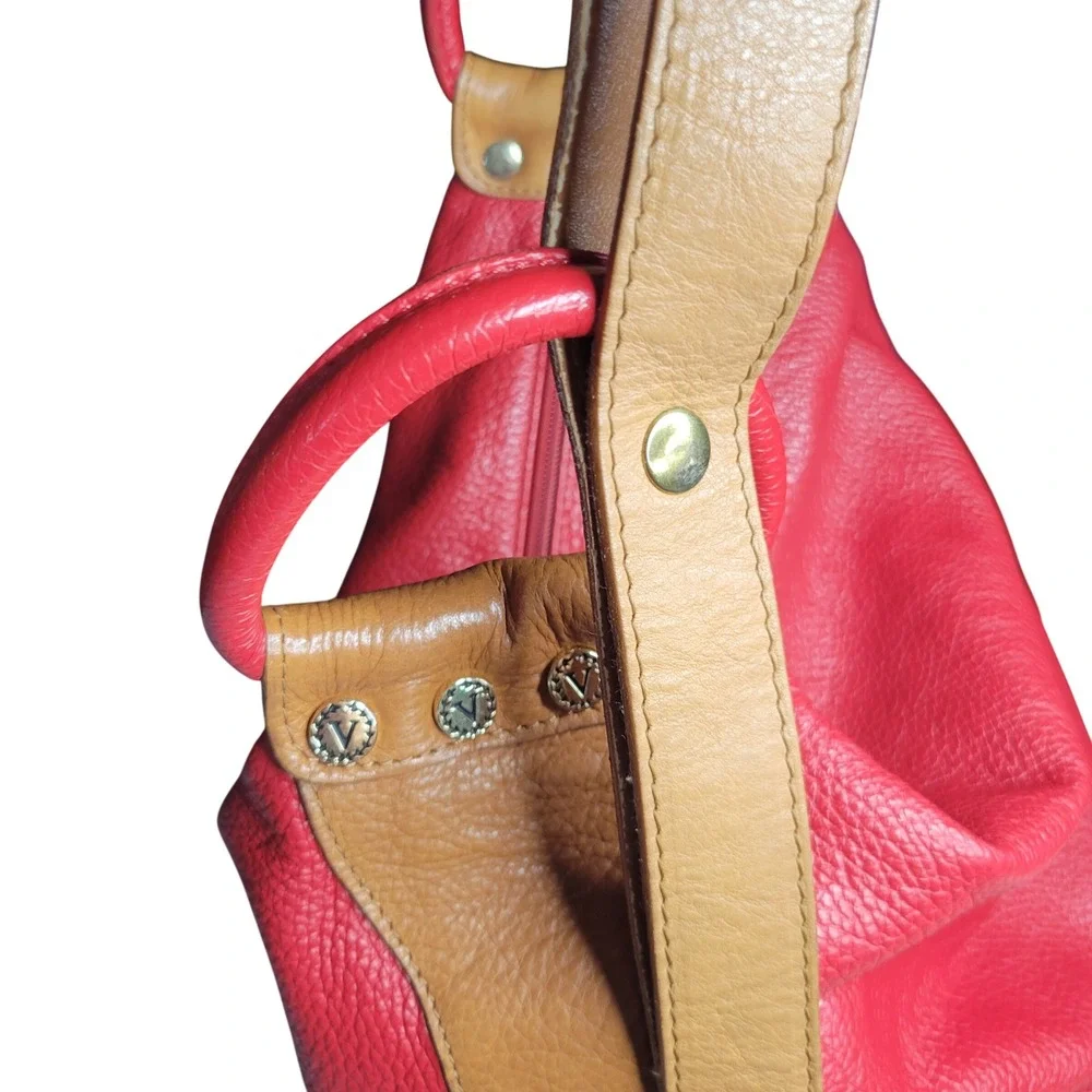 Valentina Red Pebbled Leather Hobo Shoulder Bag Tan Gold Hardware Italian READ